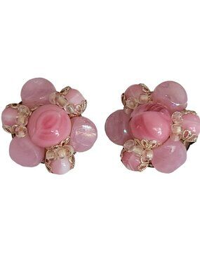 Western Germany Pink Glass And Plastic Bead Brass Cap Clip Earrings, Signed K389